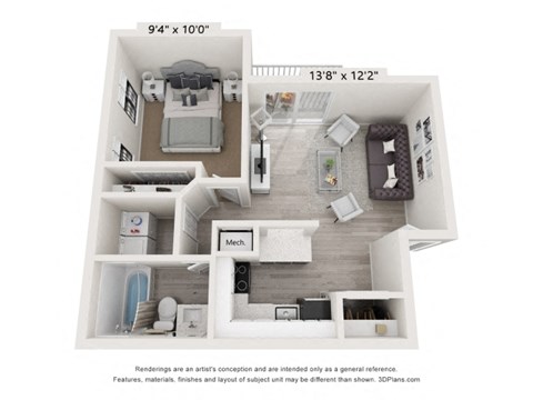 Floor plan for 1 bed, 1 bath, 800 sqft